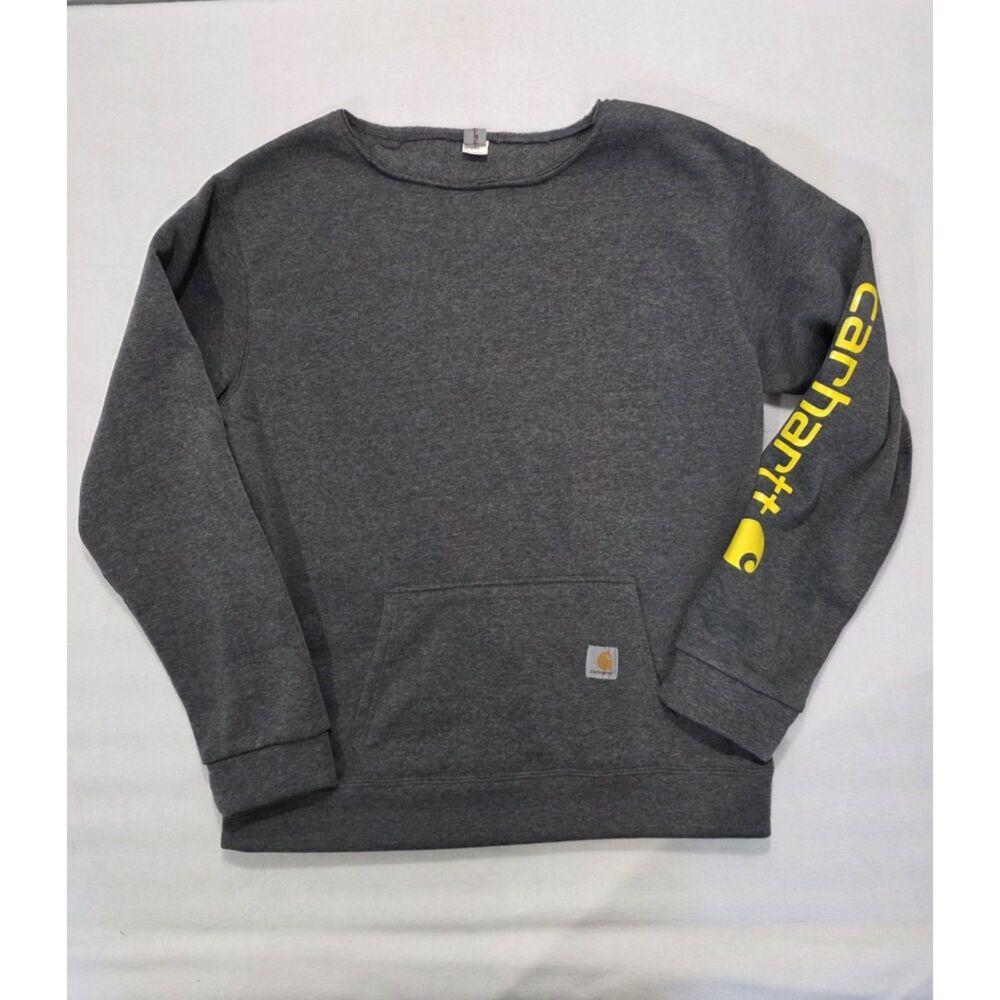 Carhartt Custom Cut Off Hood Raw Hem Crewneck Sweatshirt Dark Grey Yellow 2XL